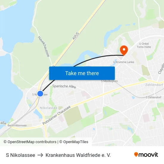 S Nikolassee to Krankenhaus Waldfriede e. V. map