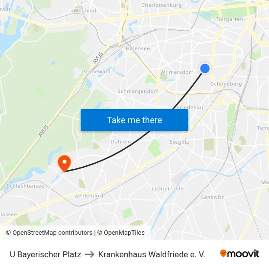 U Bayerischer Platz to Krankenhaus Waldfriede e. V. map