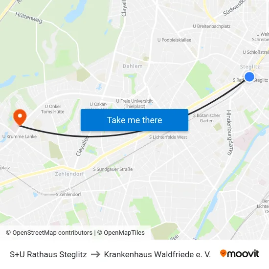 S+U Rathaus Steglitz to Krankenhaus Waldfriede e. V. map