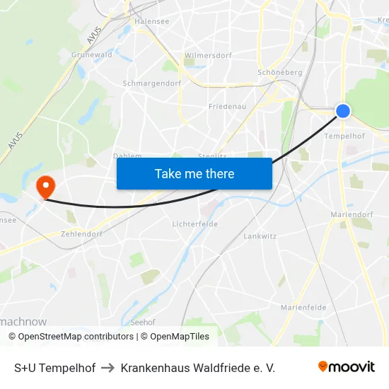 S+U Tempelhof to Krankenhaus Waldfriede e. V. map