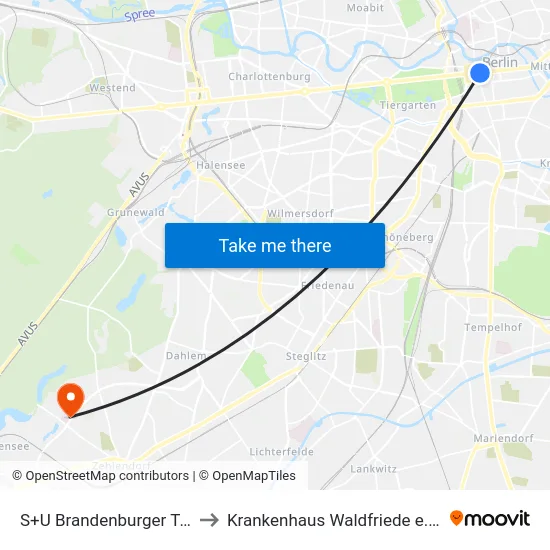 S+U Brandenburger Tor to Krankenhaus Waldfriede e. V. map
