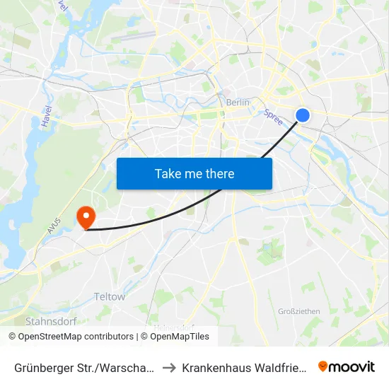 Grünberger Str./Warschauer Str. to Krankenhaus Waldfriede e. V. map