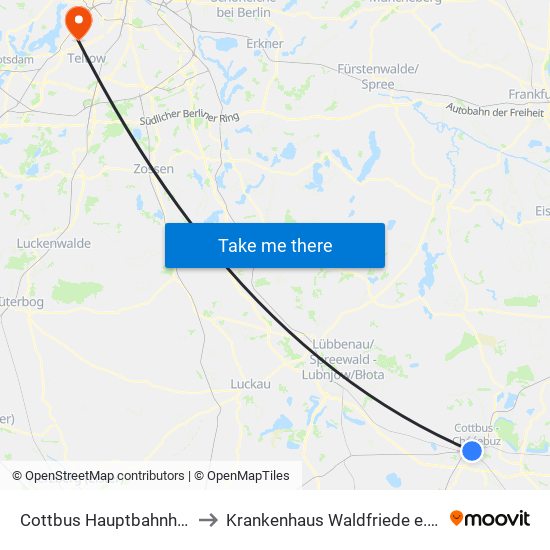 Cottbus Hauptbahnhof to Krankenhaus Waldfriede e. V. map