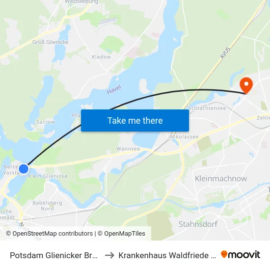 Potsdam Glienicker Brücke to Krankenhaus Waldfriede e. V. map
