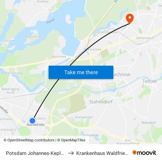 Potsdam Johannes-Kepler-Platz to Krankenhaus Waldfriede e. V. map