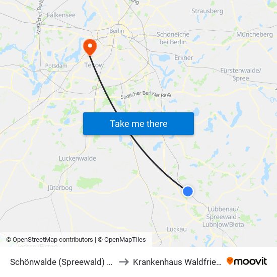 Schönwalde (Spreewald) Bahnhof to Krankenhaus Waldfriede e. V. map