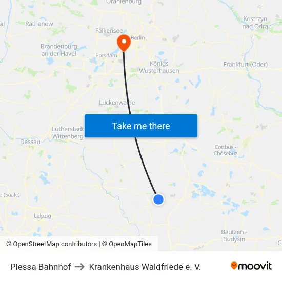 Plessa Bahnhof to Krankenhaus Waldfriede e. V. map