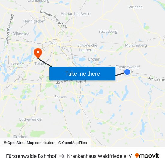 Fürstenwalde Bahnhof to Krankenhaus Waldfriede e. V. map