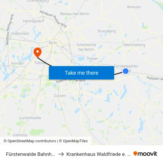 Fürstenwalde Bahnhof to Krankenhaus Waldfriede e. V. map