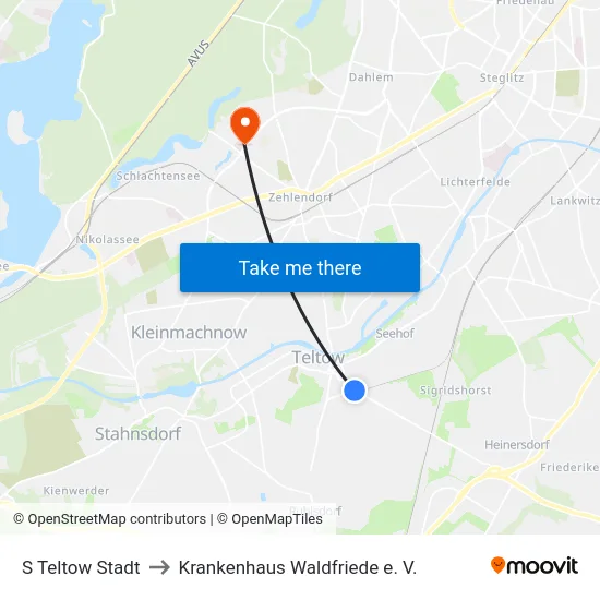 S Teltow Stadt to Krankenhaus Waldfriede e. V. map
