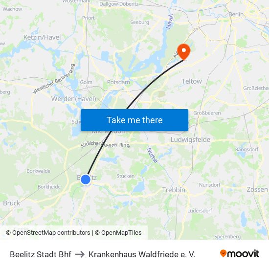 Beelitz Stadt Bhf to Krankenhaus Waldfriede e. V. map