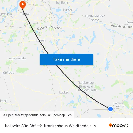 Kolkwitz Süd Bhf to Krankenhaus Waldfriede e. V. map