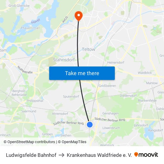 Ludwigsfelde Bahnhof to Krankenhaus Waldfriede e. V. map