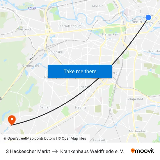S Hackescher Markt to Krankenhaus Waldfriede e. V. map