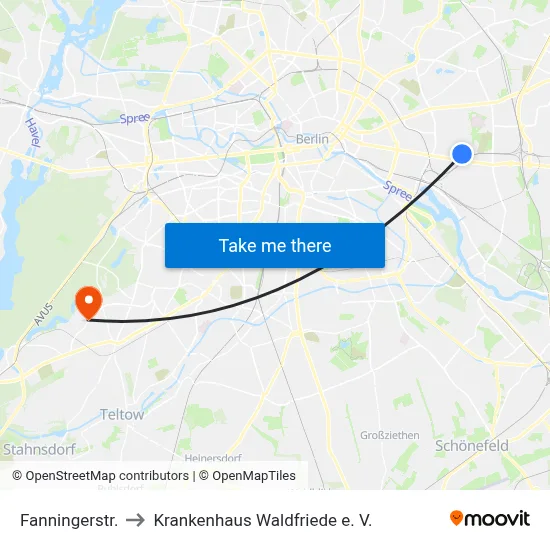 Fanningerstr. to Krankenhaus Waldfriede e. V. map