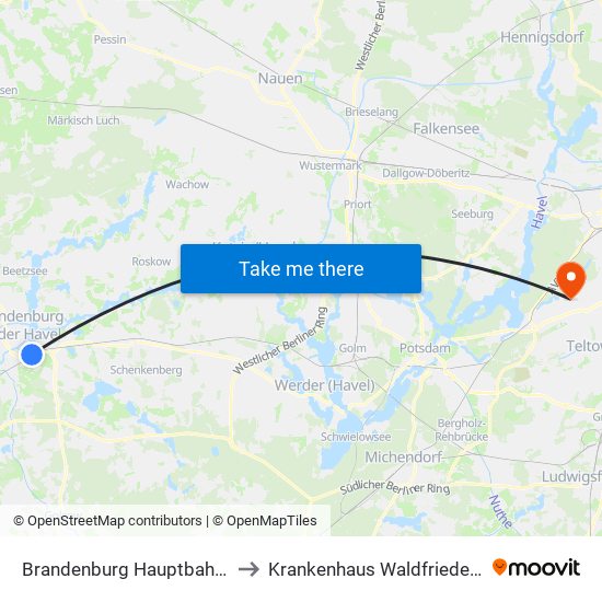 Brandenburg Hauptbahnhof to Krankenhaus Waldfriede e. V. map