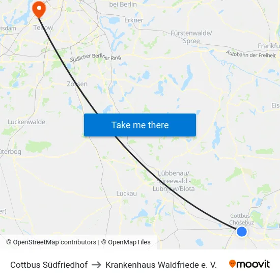 Cottbus Südfriedhof to Krankenhaus Waldfriede e. V. map