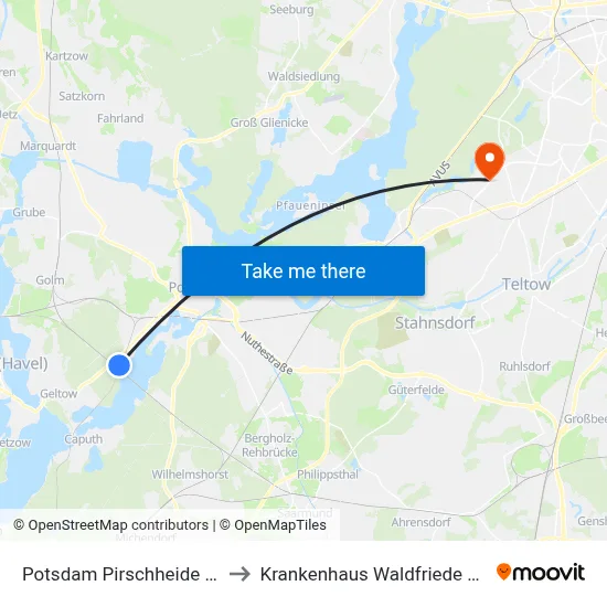 Potsdam Pirschheide Bhf to Krankenhaus Waldfriede e. V. map