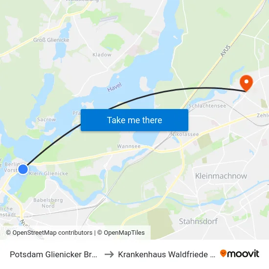 Potsdam Glienicker Brücke to Krankenhaus Waldfriede e. V. map
