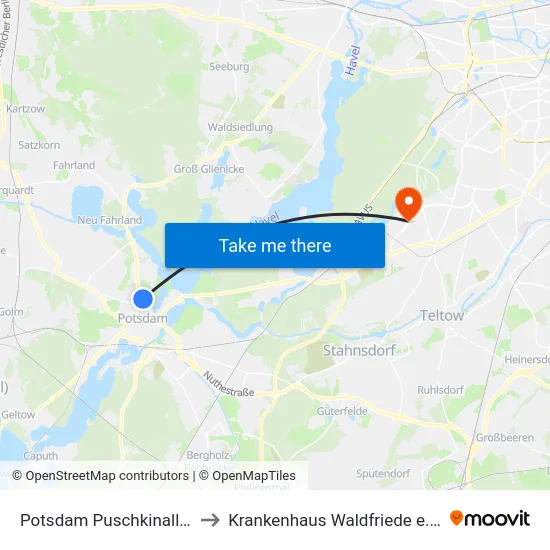 Potsdam Puschkinallee to Krankenhaus Waldfriede e. V. map