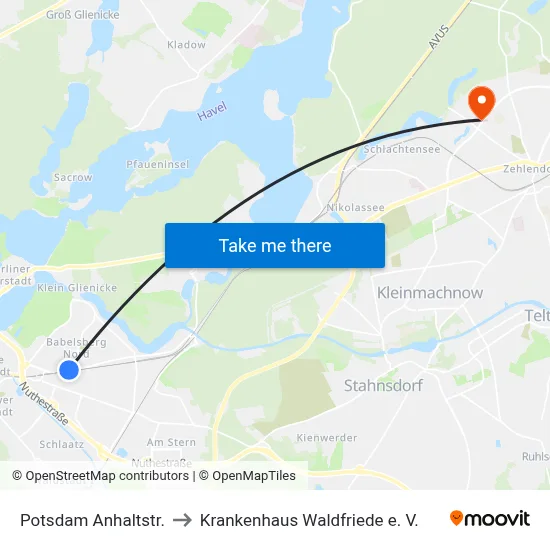 Potsdam Anhaltstr. to Krankenhaus Waldfriede e. V. map