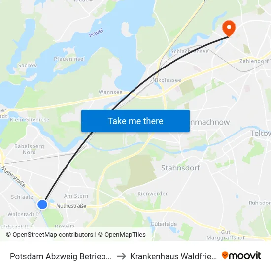 Potsdam Abzweig Betriebshof Vip to Krankenhaus Waldfriede e. V. map
