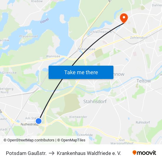 Potsdam Gaußstr. to Krankenhaus Waldfriede e. V. map