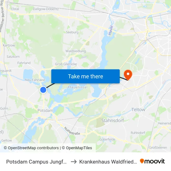 Potsdam Campus Jungfernsee to Krankenhaus Waldfriede e. V. map