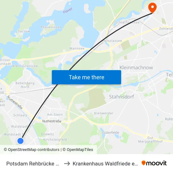 Potsdam Rehbrücke Bhf to Krankenhaus Waldfriede e. V. map