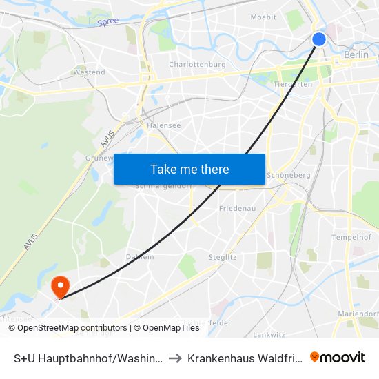 S+U Hauptbahnhof/Washingtonplatz to Krankenhaus Waldfriede e. V. map