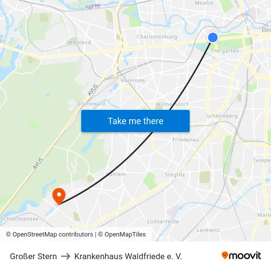 Großer Stern to Krankenhaus Waldfriede e. V. map