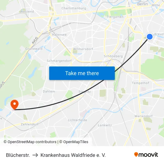 Blücherstr. to Krankenhaus Waldfriede e. V. map