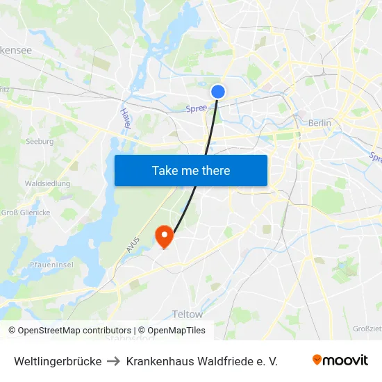 Weltlingerbrücke to Krankenhaus Waldfriede e. V. map