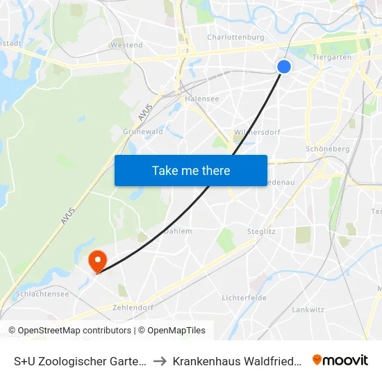S+U Zoologischer Garten Bhf to Krankenhaus Waldfriede e. V. map