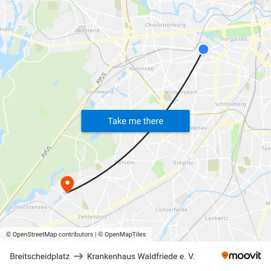 Breitscheidplatz to Krankenhaus Waldfriede e. V. map
