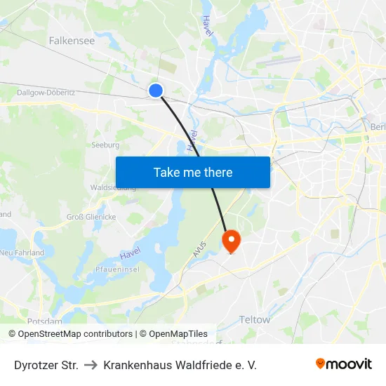Dyrotzer Str. to Krankenhaus Waldfriede e. V. map