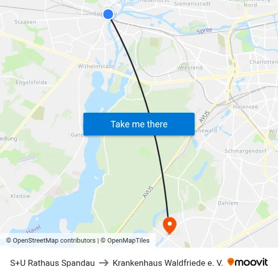 S+U Rathaus Spandau to Krankenhaus Waldfriede e. V. map