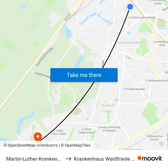 Martin-Luther-Krankenhaus to Krankenhaus Waldfriede e. V. map