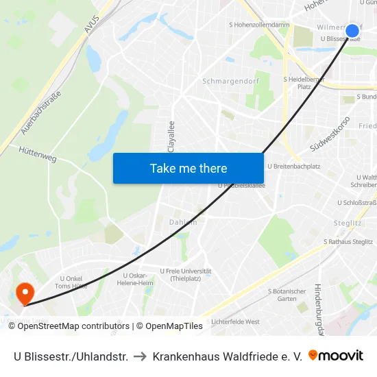 U Blissestr./Uhlandstr. to Krankenhaus Waldfriede e. V. map