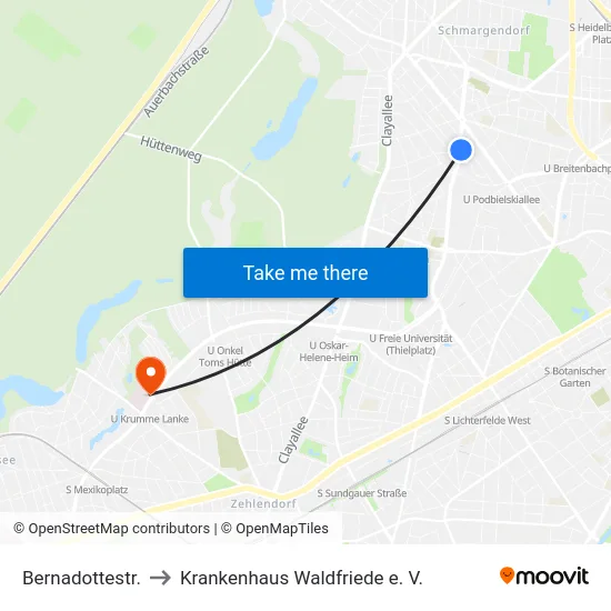 Bernadottestr. to Krankenhaus Waldfriede e. V. map