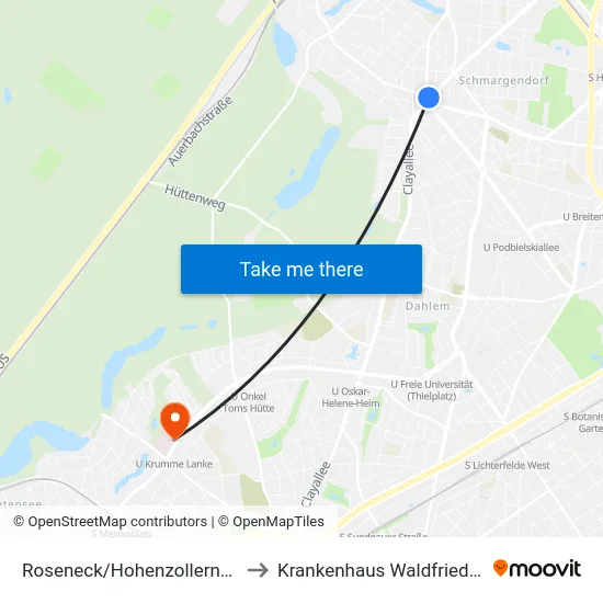 Roseneck/Hohenzollerndamm to Krankenhaus Waldfriede e. V. map