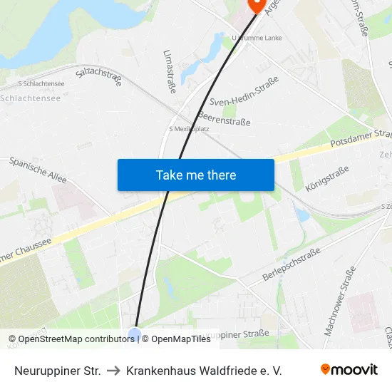 Neuruppiner Str. to Krankenhaus Waldfriede e. V. map