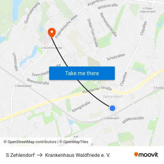 S Zehlendorf to Krankenhaus Waldfriede e. V. map