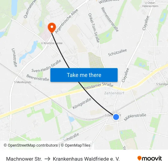 Machnower Str. to Krankenhaus Waldfriede e. V. map