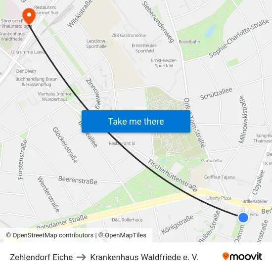 Zehlendorf Eiche to Krankenhaus Waldfriede e. V. map