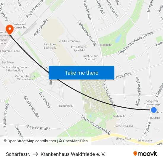 Scharfestr. to Krankenhaus Waldfriede e. V. map