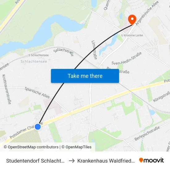 Studentendorf Schlachtensee to Krankenhaus Waldfriede e. V. map