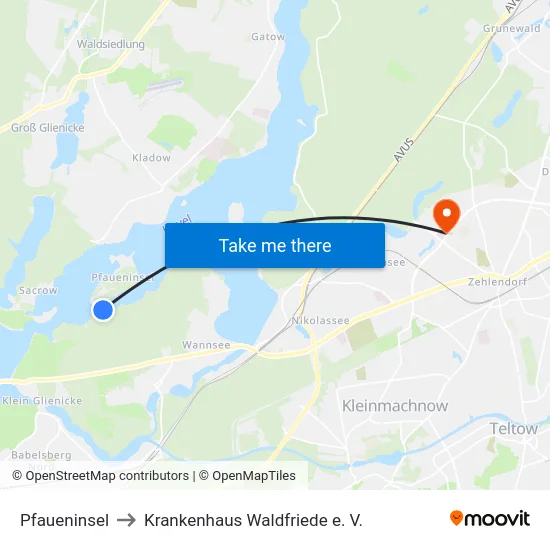 Pfaueninsel to Krankenhaus Waldfriede e. V. map