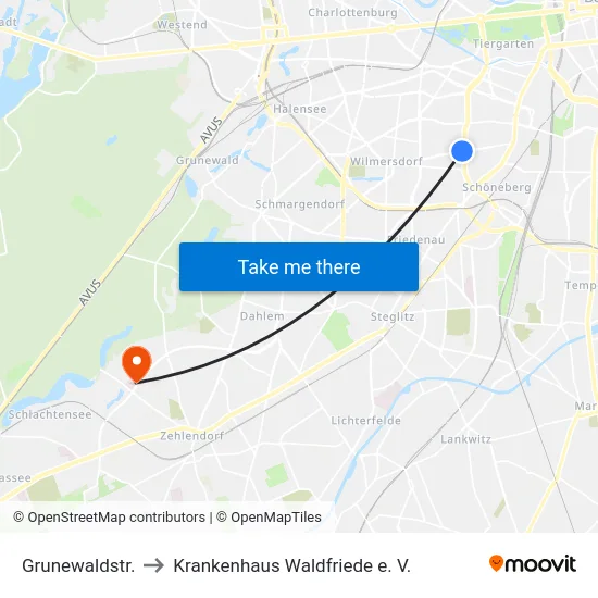 Grunewaldstr. to Krankenhaus Waldfriede e. V. map