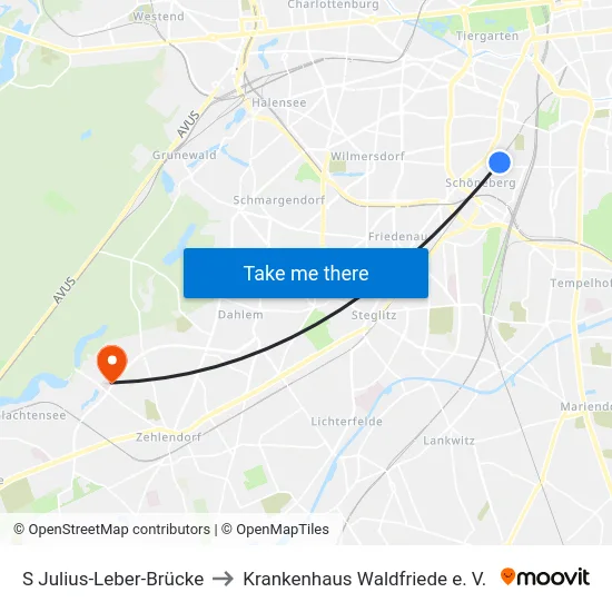S Julius-Leber-Brücke to Krankenhaus Waldfriede e. V. map